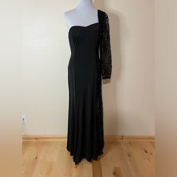 Alyce Designs black one shoulder long sleeve lace sequin jersey dress NEW 10 - Picture 1 of 8